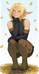 armwear blonde_hair boots breasts clothing crouching elbow_gloves eyebrows eyelashes female fingerless_gloves footwear freckles glistening glistening_body glistening_skin gloves green_eyes hair hand_on_cheek handwear humanoid_pointy_ears leaf legwear pointy_ears shoes smile solo thigh_boots thigh_highs cheshirrr ankama wakfu evangelyne_(wakfu) cra elf humanoid 2025 hi_res
