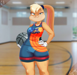 anthro ball big_breasts blonde_hair blue_bottomwear blue_clothing blue_eyes blue_shorts blue_topwear bodily_fluids bottomwear breasts brown_body brown_fur brown_nose buckteeth clothing eyelashes female floppy_ears front_view fur gloves hair hand_on_hip handwear head_tuft holding_ball holding_object long_ears lop_ears shorts solo sweat tan_body tan_fur teeth thick_thighs toony topwear tuft white_clothing white_gloves white_handwear wide_hips souley69 looney_tunes warner_brothers lola_bunny lagomorph leporid mammal rabbit hi_res