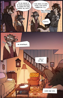 acoustic_guitar anthro biped black_nose blush brown_body brown_eyes brown_fur bubble cabinet canine_teeth carpet cheek_tuft clock closing_door clothed clothed_anthro clothing computer container cuckoo_clock cup dialogue drunk drunk_bubble duo electronics facial_tuft fluffy fluffy_tail fur furniture furniture_lamp glass glass_container glass_cup grey_body grey_fur guitar head_tuft home inner_monologue inside lamp laptop male musical_instrument picture_frame plucked_string_instrument pointy_ears prick_ears sniffing snout sofa speech_bubble stairs string_instrument substance_intoxication table tail tan_body tan_fur text text_box thinking tuft tusks wall_clock wobbling yellow_sclera falco_works indy_(justroadkill) pen_(falco_works) canid canine canis cervine coyote deer mammal tufted_deer 2025 comic digital_media_(artwork) english_text hi_res