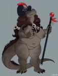 anthro big_breasts breasts clothing dewlap_(anatomy) featureless_crotch female fupa gular_flap hair hat headgear headwear looking_at_viewer mostly_nude nipples non-mammal_breasts non-mammal_nipples overweight overweight_anthro overweight_female solo staff standing dbd iguana iguanid lizard reptile scalie