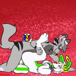 anthro butt crown duo green_body headgear male male/male paws sex fireyfoxxo regnbue_sno shakuya arctic_fox canid canine fox grey_fox mammal true_fox urocyon 1:1 hi_res