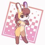 :3 anthro breasts brown_hair featureless_breasts featureless_chest featureless_crotch female gesture hair hand_gesture nude smile solo standing v_sign starbirbz lagomorph leporid mammal rabbit hi_res