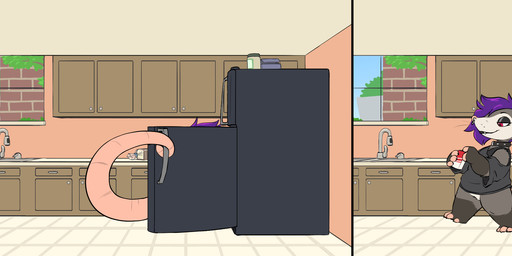 anthro appliance female fridge hair inside kitchen kitchen_appliance prehensile_tail purple_hair red_eyes solo tail knaveofclubs syrup_(colossified) american_opossum mammal marsupial hi_res