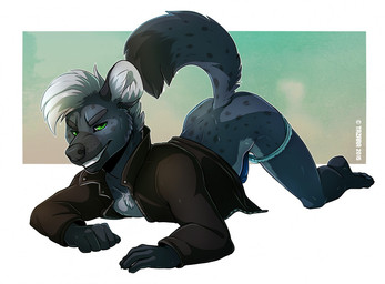 abstract_background anthro ass_up black_penis blue_penis clothed clothing erection genitals green_eyes grin jacket leather leather_clothing leather_jacket leather_topwear looking_at_viewer male mohawk on_ground panties panties_down partially_clothed penis presenting raised_tail simple_background smile solo tail teeth topwear underwear underwear_down tazara deadbeat hyena mammal spotted_hyena 2015