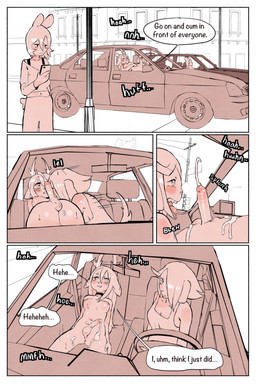 anthro antlers balls blush bodily_fluids border breasts car choker choker_only clothed clothed/nude clothing cum cum_drip cumshot dialogue dripping duo ejaculation erection exhibitionism female genital_fluids genitals gynomorph hair horn humanoid_genitalia humanoid_penis inside_car inside_vehicle intersex jewelry masturbation necklace necklace_only nipples nude only_one_nude onomatopoeia open_mouth orgasm penis presenting presenting_penis public public_masturbation public_nudity public_orgasm saliva saliva_string sharp_teeth smile sound_effects tail teeth text tongue tongue_out vehicle white_border ombwie carrie_(ombwie) val_(ombwie) canid canine deer mammal 2:3 comic digital_media_(artwork) english_text hi_res
