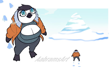 anthro arctic beak big_breasts black_body black_feathers blue_clothing blue_eyes blue_sweater blue_topwear breasts cleavage_cutout clothing curvy_figure cutout eyelashes feathers female flippers jacket mountain non-mammal_breasts orange_clothing orange_jacket orange_topwear solo sweater text topwear voluptuous voluptuous_anthro voluptuous_female white_body white_feathers aabramsart nihilist_penguin avian bird penguin 2026 absurd_res artist_name digital_drawing_(artwork) digital_media_(artwork) hi_res meme watermark