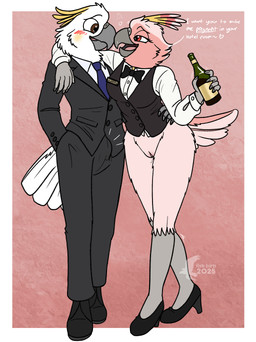 accessory alcohol anthro aroused bartender beverage blush bodily_fluids bottomless bottomless_female bow_tie bubble business_suit clothed clothed_anthro clothed_female clothed_male clothing drunk drunk_bubble duo erection erection_under_clothing female female_anthro flirting footwear genital_fluids genitals high_heels impregnation_request male male/female male_anthro necktie shoes substance_intoxication suit text topwear uniform vaginal_fluids vest vulva waiter waitress_uniform wide_hips wine wine_bottle fish_birb jenny_(fish_birb) avian bird cockatoo major_mitchell's_cockatoo parrot 2025 absurd_res dated english_text hi_res