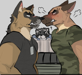 angry anthro athletic athletic_anthro athletic_male black_body black_clothing black_ears black_eyebrows black_eyes black_fur black_jewelry black_necklace black_nose black_shirt black_t-shirt black_text black_topwear blue_clothing blue_shirt blue_topwear blush blush_lines blushing_profusely brown_body brown_fur cheek_fur clothed clothed_anthro clothed_male clothing cross-popping_vein dark_body dark_fur dog_tags eye_contact eyebrows facial_scar fumes fur fur_tuft green_clothing green_shirt green_t-shirt green_topwear grey_background grey_body grey_fur group head_tuft inner_ear_fluff iris jewelry light_body light_fur looking_at_another male mature_anthro mature_male monotone_background mouth_closed multicolored_body multicolored_fur narrowed_eyes neck_tuft necklace no_pupils pattern_clothing pattern_shirt pattern_t-shirt pattern_topwear pink_inner_ear pink_scar pointy_ears prick_ears question_mark red_blush scar sharp_teeth shirt short_sleeves simple_background snarling snout t-shirt teeth text thick_eyebrows thick_neck topwear trio tuft whisker_spots white_body white_fur white_inner_ear white_inner_ear_fluff white_sclera farmutts pixie_and_brutus brutus_(pixie_and_brutus) dexter_(pixie_and_brutus) randal_(pixie_and_brutus) canid canine canis domestic_dog german_shepherd herding_dog malinois_dog mammal pastoral_dog procyonid raccoon sheepdog 2026 digital_drawing_(artwork) digital_media_(artwork) low_res