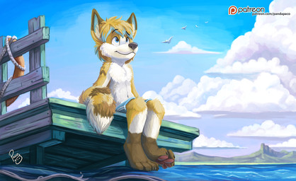 anthro blue_bottomwear blue_clothing blue_eyes bottomwear brown_markings clothed clothing cloud dipstick_ears ear_markings fur glistening glistening_eyes hair leg_markings logo male male_anthro markings messy_hair mouth_closed multicolored_ears outside short_hair sitting socks_(marking) solo striped_markings striped_tail stripes tail tail_markings topless white_body white_fur white_hair yellow_body yellow_fur young young_anthro young_male pandapaco ambient_bird canid canine mammal artist_logo hi_res signature