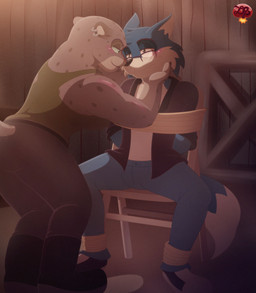 anthro anthro_on_anthro bdsm biceps bondage boots bottomwear bound captured chair clothed clothing duo eye_contact eyewear female footwear fur furniture glasses grey_body grey_fur hand_on_chin jacket looking_at_another male male/female markings muscular muscular_anthro muscular_female narrowed_eyes pants restraints rope rope_bondage seductive shirt shoes sitting smile spots spread_legs spreading standing submissive submissive_male tail tank_top topwear wearing_glasses ladycherrybomba dreamworks the_bad_guys kitty_kat_(the_bad_guys) canid canine canis felid mammal pantherine snow_leopard wolf digital_media_(artwork) hi_res