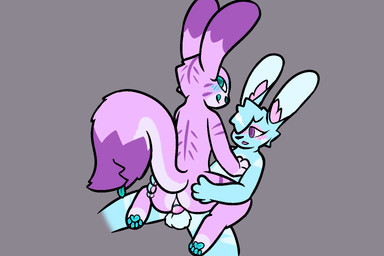 anthro balls blush bodily_fluids butt butt_grab cowgirl_position duo erection female female_penetrated from_front_position fur genital_fluids genitals gynomorph hair hair_over_eye hand_on_butt hand_on_chest intersex intersex/female intersex_penetrating intersex_penetrating_female looking_at_viewer looking_back looking_back_at_viewer nude on_bottom on_top one_eye_obstructed open_mouth penetration penile penile_penetration penis penis_in_vagina purple_body purple_fur sex smile stripes tail tail_mouth tongue tongue_out unusual_anatomy unusual_tail vaginal vaginal_penetration vulva cupoflavender bubblegum_(taylore) lavender_(cupoflavender) lagomorph leporid mammal rabbit 3:2 digital_media_(artwork) trans_(lore) trans_woman_(lore)