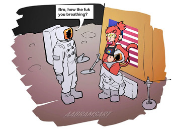 abstract_background american_flag anthro astronaut astronaut_suit brown_body brown_fur brown_hair clothed clothing crop_top curvy_figure dialogue duo eyewear female fur glasses grey_clothing grey_panties grey_underwear hair hourglass_figure long_tail male moon multicolored_body multicolored_fur navel on_the_moon panties rectangular_glasses shirt skimpy small_waist space spacesuit tail tan_body tan_fur text thick_thighs topwear two_tone_body two_tone_fur underwear united_states_of_america voluptuous voluptuous_anthro voluptuous_female wide_hipped_anthro wide_hipped_female wide_hips aabramsart lego the_lego_movie benny_(the_lego_movie) haplorhine human mammal monkey primate 2025 digital_drawing_(artwork) digital_media_(artwork) english_text