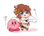 blush brown_hair clothing duo feathered_wings feathers hair light_body light_skin male not_furry open_mouth open_smile pink_body simple_background smile wings butanchu0426 kid_icarus kirby_(series) nintendo kirby pit_(kid_icarus) alien angel humanoid waddling_head winged_humanoid crossover hi_res