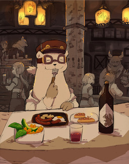 anthro beverage blush clothing container cup detailed_background eating eyes_closed eyewear food glasses group humanoid_hands shirt topwear shirokumaou bovid bovine canid canine cattle human mammal mustelid otter 2015