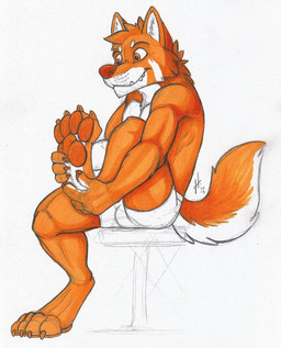 anthro athletic athletic_anthro athletic_male bottomwear cheek_tuft clothed clothing facial_tuft fur head_tuft male male_anthro mouth_closed neck_tuft orange_body orange_eyes orange_fur orange_nose orange_pawpads orange_tail pawpads simple_background sitting solo tail teeth topless tuft white_background white_body white_bottomwear white_clothing white_fur white_tail hufnaar canid canine mammal hi_res