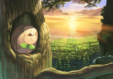 amazing_background ambiguous_gender canopy detailed_background eyes_closed feral forest light plant solo sun tree atelier_pocket nintendo pokemon avian bird generation_7_pokemon pokemon_(species) rowlet 2016 detailed lighting