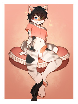 anthro balls bare_shoulders black_choker black_hair black_jewelry black_markings black_necklace blue_eyes blush choker clothing crop_top erection femboy fur genitals green_eyes grey_markings hair heterochromia humanoid_genitalia humanoid_penis jewelry looking_at_viewer male markings navel necklace pawpads penis pink_clothing pink_crop_top pink_nose pink_pawpads pink_penis pink_shirt pink_topwear shirt short_hair sitting solo tail topwear white_body white_fur coff domestic_cat felid feline felis mammal absurd_res colored digital_drawing_(artwork) digital_media_(artwork) hi_res shaded