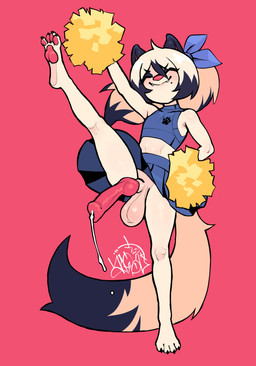 4_toes accessory animal_genitalia animal_penis anthro balls barefoot big_balls big_penis black_claws black_highlights blush bodily_fluids bottomwear bow_ribbon canine_genitalia canine_penis cheerleader_outfit cheerleader_pose claws clothed clothing crop_top crossdressing cum cum_string dipstick_tail erection erection_under_clothing eyes_closed eyeshadow fangs feet femboy fur genital_fluids genitals hair hair_accessory hair_bow hair_ribbon highlights_(coloring) knot knotted_penis long_hair long_tail makeup male markings mole_(marking) no_underwear partially_clothed pawpads paws penis pink_background pink_nose pink_penis pom_poms ponytail pose raised_leg ribbons shirt simple_background skimpy skirt sleeveless_shirt slim_anthro small_but_hung smile solo tail tail_markings teeth thick_thighs tied_hair toe_claws toes topwear white_body white_fur young young_but_hung young_male appl sahne_anderson_(kazukio) mammal mustelid musteline stoat true_musteline weasel absurd_res digital_media_(artwork) full-length_portrait hi_res pinup portrait