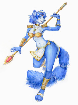 accessory anthro blue_body blue_eyes blue_fur blue_hair bottomwear cheek_tuft clothed clothing eyelashes facial_tuft fangs female footwear front_view fur furgonomics glistening glistening_eyes gold_accessory hair holding_melee_weapon holding_object holding_polearm holding_spear holding_weapon jewelry legwear light_body light_fur loincloth looking_at_viewer melee_weapon necklace open_mouth open_smile polearm sandals shoes shoulder_pads simple_background skimpy smile solo spear standing tail tail_accessory tailband teeth tuft unsigned weapon white_background wide_hips akatan_art nintendo star_fox krystal_(star_fox) canid canine fox mammal acrylic_painting_(artwork) hi_res painting_(artwork) traditional_media_(artwork) traditional_painting_(artwork)