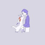 blue_hair claws duo eyewear feral fur glasses hair male nose_kiss red_hair stretching text white_body white_fur pg_enaena bandai_namco digimon joe_kido digimon_(species) gomamon human mammal 1:1 japanese_text