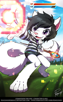 4_toes anthro barefoot bell bell_collar black_bottomwear black_clothing black_hair black_pants black_topwear blue_sky blurred_background bottomwear chibi claws clothed clothing cloud collar feet femboy fur gameplay_mechanics glistening glistening_eyes gui hair health_bar holding_object holding_staff magic_user male messy_hair open_mouth outside pants pattern_clothing pattern_topwear pawpads paws pink_nose pink_pawpads plantigrade purple_eyes red_tongue short_hair sky solo staff standing striped_clothing striped_topwear stripes tail text three-quarter_view toes tongue topwear white_body white_clothing white_fur white_tail white_topwear penguinexperience axle_(superbakaface) domestic_cat felid feline felis mammal full-length_portrait portrait signature url