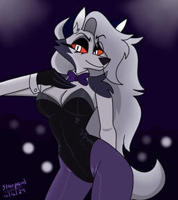anthro black_clothing black_eyelids black_leotard bow_tie breasts bunny_costume cleavage clothed clothed_anthro clothed_female clothing costume female fur grey_body grey_fur hair leggings legwear leotard long_hair pupils purple_bow_tie purple_clothing purple_leggings purple_legwear red_sclera slit_pupils solo strapless_clothing strapless_leotard text white_body white_eyes white_fur white_hair starpaintart hellaverse helluva_boss mythology loona_(helluva_boss) canid canid_demon canine demon hellhound mammal mythological_canine mythological_creature 2024 artist_name dated hi_res portrait three-quarter_portrait