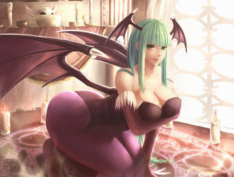 armwear big_breasts big_butt bone breasts butt cleavage clothed clothing detailed_background elbow_gloves female gloves green_eyes green_hair hair handwear happy head_wings long_hair looking_at_viewer magic makeup membrane_(anatomy) membranous_wings not_furry ritual sitting skull smile solo spell tight_clothing unusual_wing_placement wings yazuwo capcom darkstalkers morrigan_aensland demon humanoid