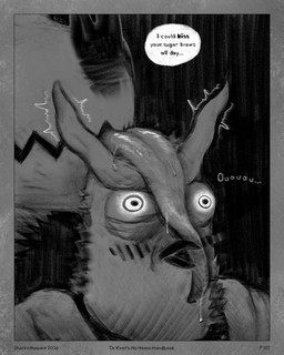 ambiguous_form ambiguous_gender beak blush bodily_fluids border crazy_eyes dialogue dripping duo eyebrows holding_shoulder long_tongue open_beak open_mouth saliva saliva_drip speech_bubble text tongue zigzag_mouth sharkinthepark avian bat bird mammal owl 2026 4:5 absurd_res comic english_text greyscale hi_res monochrome male_(lore)