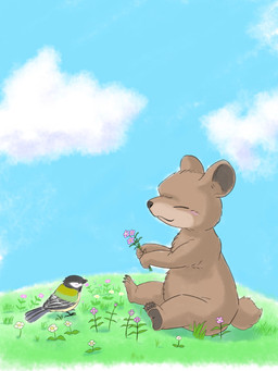ambiguous_gender anthro biped blush brown_body brown_fur chibi cloud detailed_background duo eyes_closed feathers feet feral flower fur grass outside plant sitting sky toes fusau avian bear bird mammal ursine 2022 3:4 hi_res