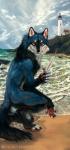 5_fingers ambiguous_gender beach black_body black_fur black_nose blue_body blue_fur day detailed_background fingers fur holding_object lighthouse outside red_eyes sand seaside sitting sky solo water nukerooster canid canine canis mammal wolf 2016