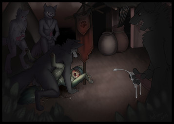 ambiguous_penetration animal_genitalia animal_penis anthro anthro_on_anthro backsack balls banner barefoot bdsm belly black_body black_border black_fur blue_body blue_fur blue_hair blush bodily_fluids bondage border bound canine_genitalia canine_penis claws cum cum_drip cum_inside cum_on_body cum_on_chest cum_on_face cum_on_ground cum_on_hand cum_on_leg cum_on_penis cum_on_tail cumshot dark detailed_background dripping ejaculation erection eyes_closed fangs feet female female_penetrated fluffy fluffy_tail forced from_front_position fur genital_fluids genitals glans green_body green_fur grey_balls grey_belly grey_body grey_fur group group_sex hair hands_tied hindpaw hut knot lying male male/female male_penetrating male_penetrating_female masturbation melee_weapon missionary_position nude on_back open_mouth orgasm outside pawpads paws penetration penis pink_nose pink_pawpads pink_penis pink_tongue polearm rape red_eyes rope sex size_difference spear standing tail teeth tongue tongue_out tribal weapon antiroo canid canine canis mammal wolf 2015 digital_media_(artwork) watermark