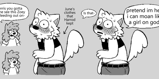 anthro big_nose blush blush_lines bodily_fluids bra clothed clothing crossdressing crossdressing_male duo male male/male shirt smile sweat t-shirt tail thong topwear underwear zlut385 normalsville ferris_(normalsville) harrod_(normalsville) canid canine canis domestic_dog mammal digital_drawing_(artwork) digital_media_(artwork) greyscale monochrome