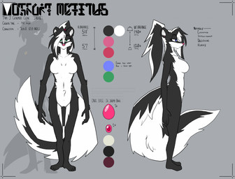 anthro big_breasts black_body black_fur blue_eyes breasts egg featureless_breasts female fur genitals green_eyes hair multicolored_body multicolored_fur navel nude nude_anthro nude_female ponytail simple_background skunk_tail solo standing tail two_tone_body two_tone_fur vulva white_body white_fur topazknight jackie_clone mammal mephitid skunk digital_media_(artwork) hi_res model_sheet