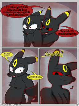 anthro black_body black_fur bodily_fluids breasts dialogue female fur looking_at_viewer nipples nude open_mouth red_eyes scared simple_background smile solo text flamberry_(artist) nintendo pokemon unomia_venizee_flare_(flamberry) canid canine eeveelution generation_2_pokemon mammal pokemon_(species) umbreon absurd_res comic digital_drawing_(artwork) digital_media_(artwork) english_text hi_res ibispaint_(artwork)