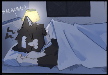 anthro bed black_body black_eyes black_fur fur furniture ill lamp looking_at_viewer lying lying_on_bed male on_bed on_side pillow sleeping slim slim_anthro slim_male solo text white_blanket white_pillow white_wall asenjian domestic_cat felid feline felis mammal 2025 chinese_text translated