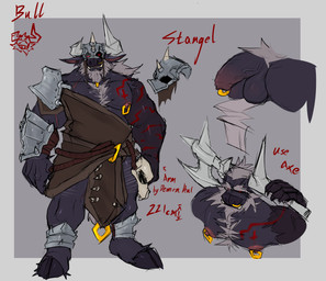 anthro armor body_hair bone chest_hair clothing facial_piercing foreskin gauntlets genital_piercing genitals gloves hair handwear headgear helmet long_hair male nipple_piercing nipples nose_piercing penis penis_piercing piercing skull solo demonrat stangel_(demonrat) bovid bovine cattle mammal absurd_res hi_res