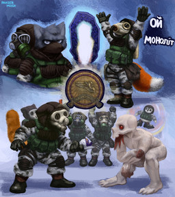 anthro boots bubble clothing faceless_character footwear fur gas_mask grey_body grey_eyes grey_fur knee_pads male mask monolith monolith_(faction) orange_body orange_fur patch_(fabric) red_eyes shoes standing tail uniform white_body white_fur panzermask s.t.a.l.k.e.r. avian bird bloodsucker canid canine domestic_cat felid feline felis fox mammal penguin unknown_species hi_res