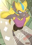 absurd_res anthro athletic athletic_anthro athletic_male bottomwear bryan_(zourik) clothed clothing comic cover cover_art cover_page english_text generation_7_pokemon hand_behind_head hi_res legendary_pokemon looking_at_viewer male nintendo pokemon pokemon_(species) shirt shorts solo tank_top text topwear zeraora zourik