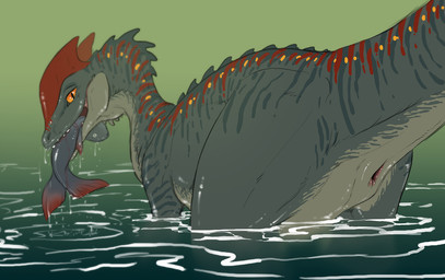 animal_genitalia blood bodily_fluids butt cloaca female female_feral feral genitals green_body looking_at_viewer partially_submerged pupils rear_view slit_pupils solo standing tail tongue water wet wet_body flamespitter anje dilophosaurid dilophosaurus dinosaur prehistoric_species reptile saurischian scalie theropod 2026 digital_drawing_(artwork) digital_media_(artwork) shaded