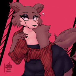 anthro belly big_breasts black_clothing black_dress black_eyeshadow black_nose breasts brown_body brown_fur cheek_tuft claws clothed clothed_female clothing dress eyebrow_piercing eyeshadow facial_piercing facial_tuft female fur heart_symbol makeup muffin_top piercing purple_eyes shirt smile solo tail thick_thighs tied_shirt topwear tuft neodrani beastars juno_(beastars) canid canine canis mammal wolf 1:1 2025 hi_res