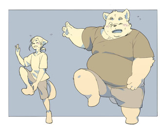 anthro belly blush bodily_fluids bottomwear clothing duo exercise humanoid_hands kemono male overweight overweight_male shirt shorts simple_background sweat topwear workout inunoshippo canid canine canis domestic_dog mammal 2021 4:3