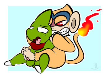 3_toes ambiguous_gender anthro balls bodily_fluids duo erection feet fire flaming_tail foot_fetish foot_play footjob genital_fluids genitals handjob male paws penile penis precum scarf sex simple_background smile tail toes tongue two-footed_footjob thefablednekos nintendo pokemon jay_(thefablednekos) generation_2_pokemon generation_4_pokemon larvitar mammal monferno pokemon_(species) primate 2016 dated digital_media_(artwork) hi_res signature