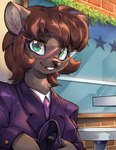 anthro black_nose brick_wall brown_body brown_fur brown_hair buckteeth business_suit clothing eyewear female fur glasses green_eyes hair looking_at_viewer necktie smile solo suit teeth wall_(structure) altart tessa_(caroo) mammal rodent 2020 digital_media_(artwork)