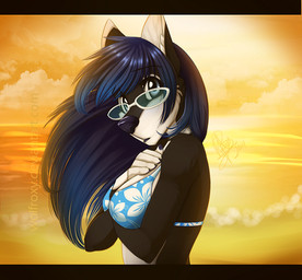 anthro breasts cloud eyewear female hair outside sea sky solo sunglasses sunset water wolflady canid canine canis domestic_dog husky mammal nordic_sled_dog spitz digital_media_(artwork)