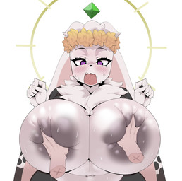 anthro areola big_breasts blush blush_lines bodily_fluids breast_grab breast_squish breasts disembodied_hand eyelashes female flower flower_crown gem hand_on_breast huge_breasts looking_down navel open_mouth plant simple_background skindentation solo solo_focus squish sweat sweaty_breasts w_arms white_background jourjii tabunie deity lagomorph leporid mammal rabbit colored digital_drawing_(artwork) digital_media_(artwork) hi_res portrait three-quarter_portrait