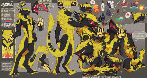 anthro black_body black_fur chibi feet forked_tongue fur hindpaw licking licking_lips lying male muscular on_side pawpads paws smile solo standing tail tail_tuft text tongue tongue_out tuft yellow_body yellow_fur nx6art jackel_(hacksource553) sergal english_text hi_res model_sheet