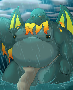 anthro balls belly big_belly bottomwear bulge clothed clothing cloud crotch_apron detailed_background detailed_bulge face_tentacles genital_outline genitals humanoid_hands ineffective_clothing ineffective_loincloth kemono loincloth male moobs navel nipple_piercing nipples outside overweight overweight_male penis_outline piercing raining solo tentacles tenting topless water wings dragon_night800 cthulhu_mythos h._p._lovecraft cthulhu 2022 hi_res