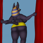 anthro back_boob big_breasts big_butt bottomwear breasts butt clothing female huge_breasts looking_at_viewer looking_back miniskirt skirt smile tail j5furry egyptian_mythology middle_eastern_mythology mythology anubis canid canine deity mammal 1:1 animated digital_media_(artwork) hi_res loop no_sound short_playtime webm