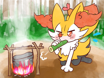 ambiguous_anthro ambiguous_gender anthro biped blowing blush bodily_fluids cooking cooking_pot detailed_background digitigrade dipstick_tail fire flying_sweatdrops food forest_background front_view kneeling markings object_in_tail outside plant puffed_cheeks shrimp_(food) snout solo sweat sweatdrop tail tail_markings tree annyui0611 nintendo pokemon braixen canid generation_6_pokemon mammal pokemon_(species) 2023 digital_drawing_(artwork) digital_media_(artwork) full-length_portrait hi_res japanese_description portrait translated_description
