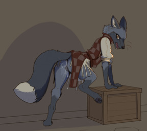 after_sex annoyed anthro barefoot bodily_fluids bottomless clothed clothing cum cum_in_ass cum_in_vagina cum_inside digitigrade dipstick_tail feet female fur genital_fluids genitals grey_body grey_fur leaking_cum leaning_on_crate markings medieval_clothing open_mouth paws solo standing tail tail_markings vulva white_tail_tip garbagegarage voulpi_viniani_(garbagegarage) canid canine fox mammal red_fox silver_fox true_fox